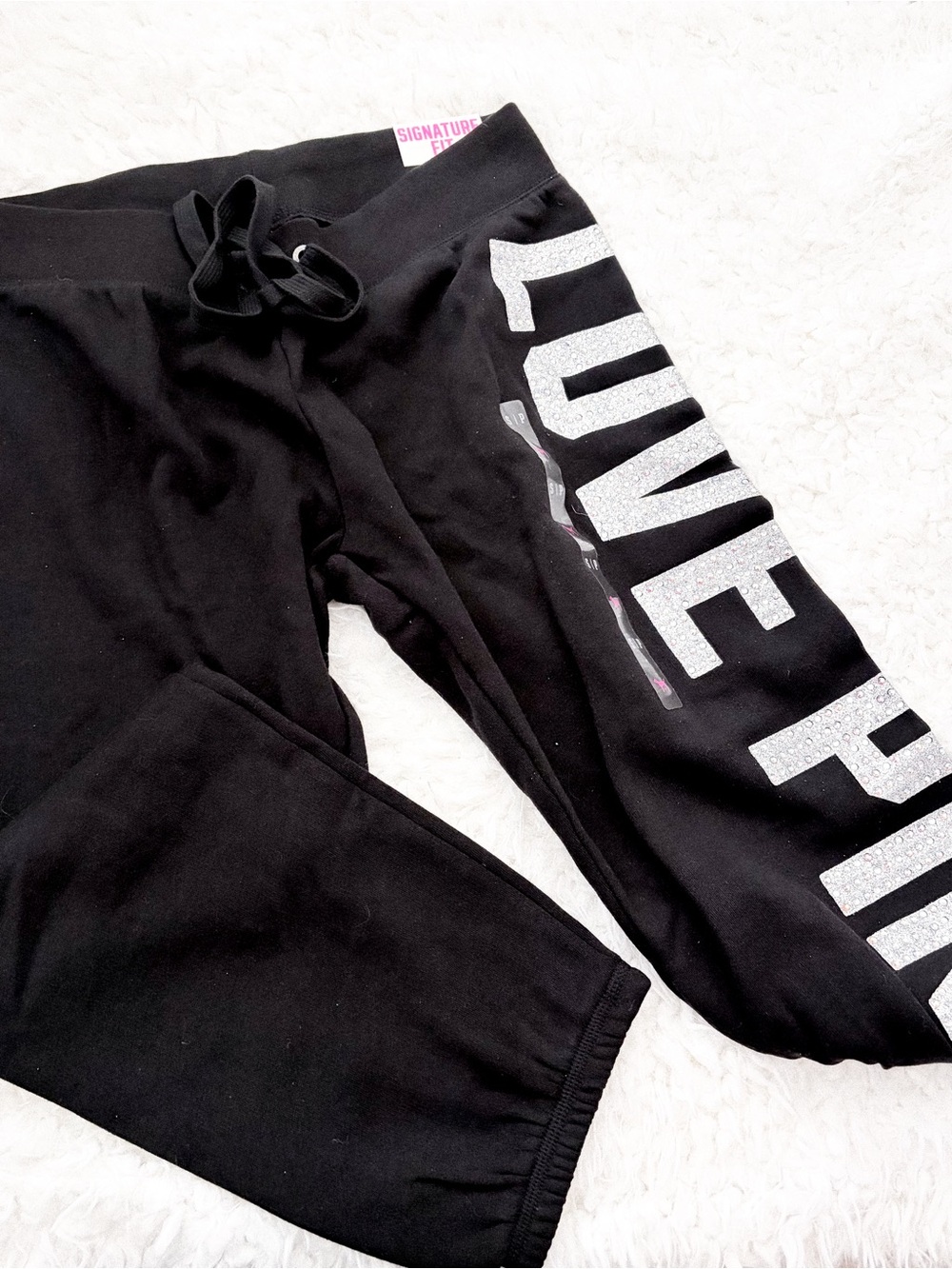 NEW VS Pink Glitter Embellished Black 'LOVE PINK' Logo Jogger Sweatpants